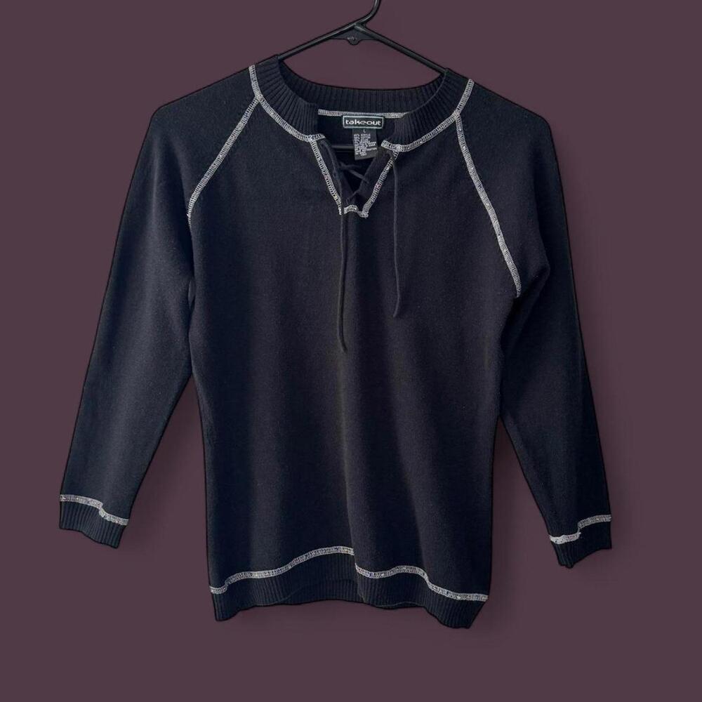 Vintage grunge black and white contrast stitch sweater with beads